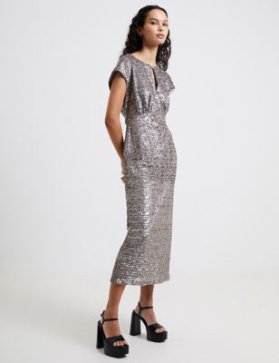 French Connection Women's Sequin Round Neck Midaxi Waisted Dress - 6 - Silver, Silver