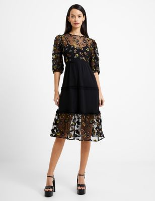 French Connection Women's Floral Embroidered Ruffle Midi Tea Dress - 14 - Black, Black