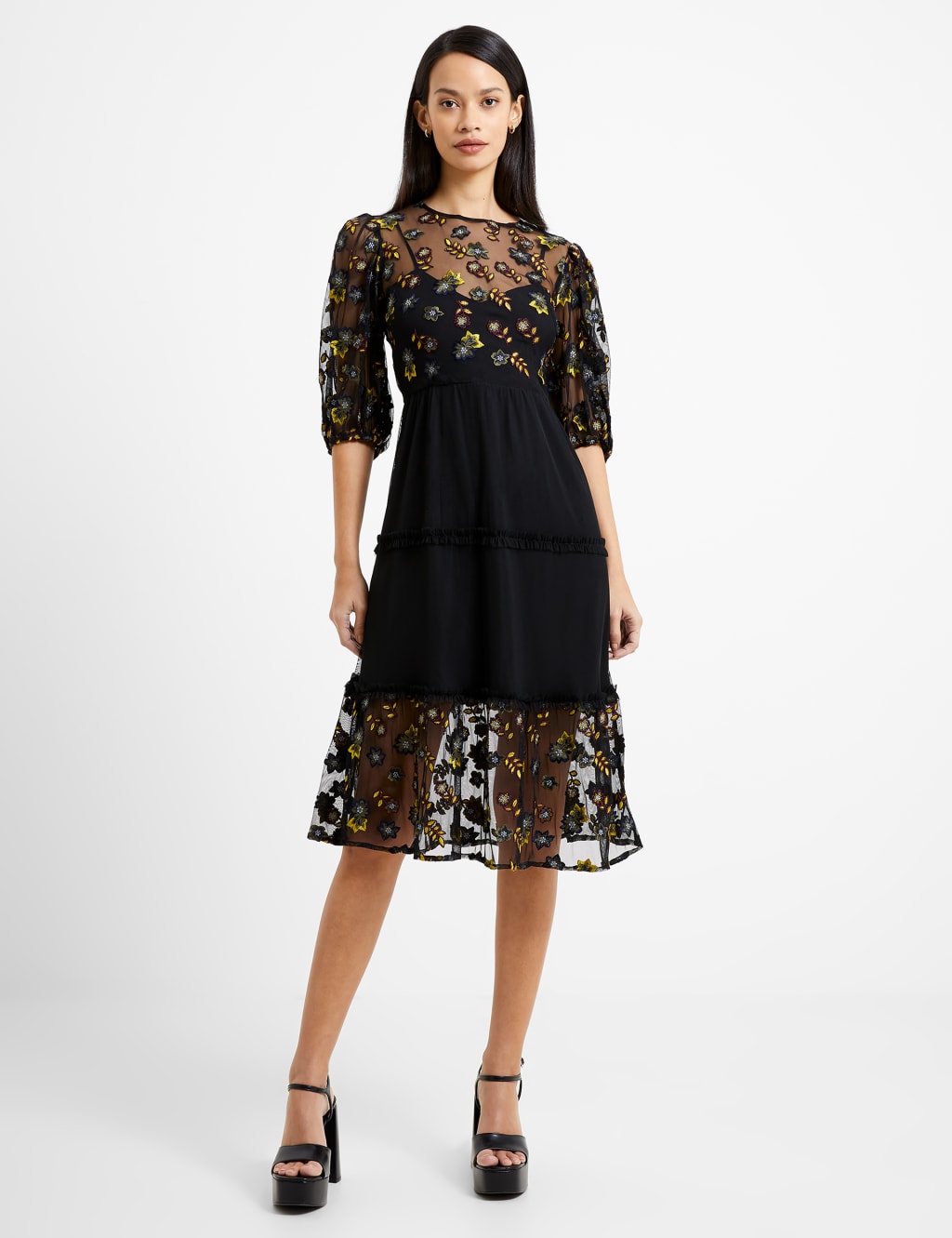 Black Embroidered Vintage Ruffle Midi Dress (M)