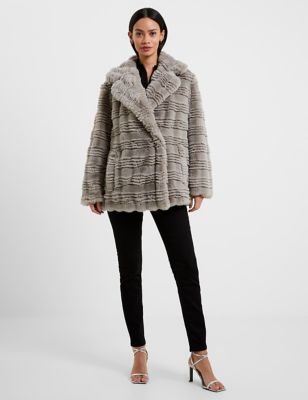 French Connection Women's Faux Fur Textured Collared Short Coat - XS - Grey, Grey