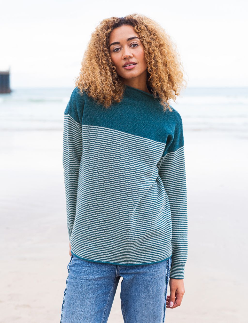 Pure Wool Striped Funnel Neck Jumper image 1
