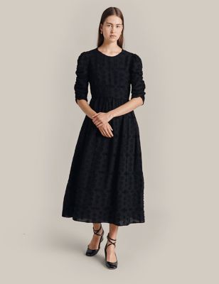 Ghost Womens Textured Midi Waisted Dress with Wool - Black, Black