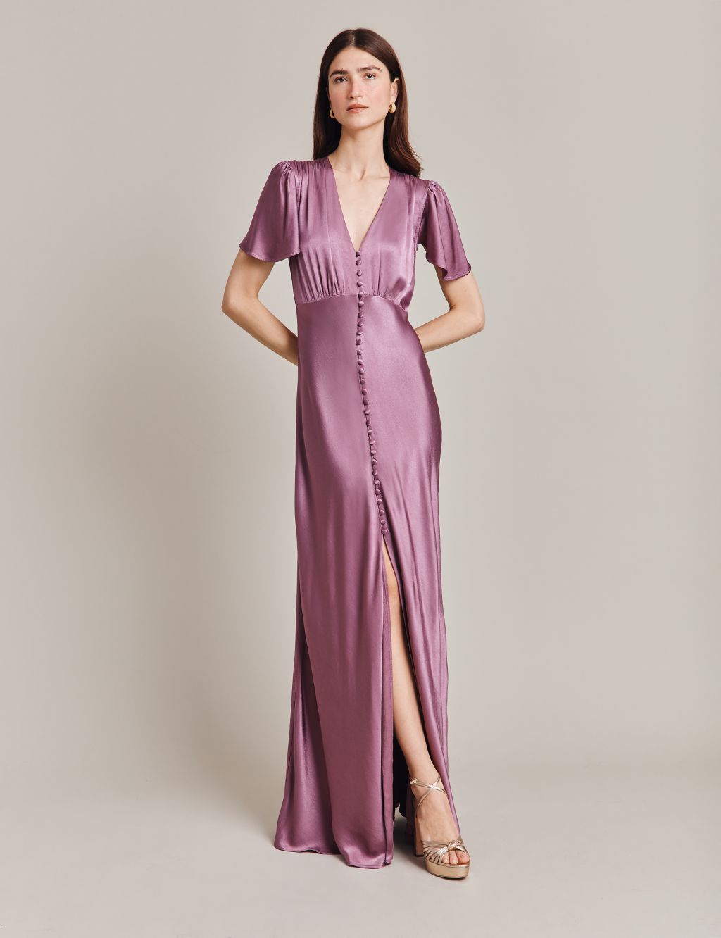 Satin V-Neck Angel Sleeve Maxi Waisted Dress
