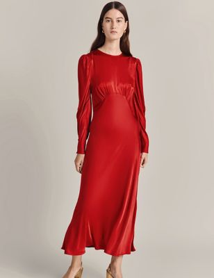 Ghost Womens Satin Balloon Sleeve Maxi Waisted Dress - Red, Red