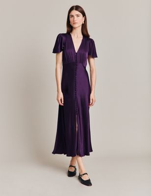 Ghost Womens Satin V-Neck Midaxi Waisted Dress - Purple, Purple