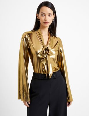 French Connection Womens Metallic Tie Neck Blouse - XS - Gold, Gold