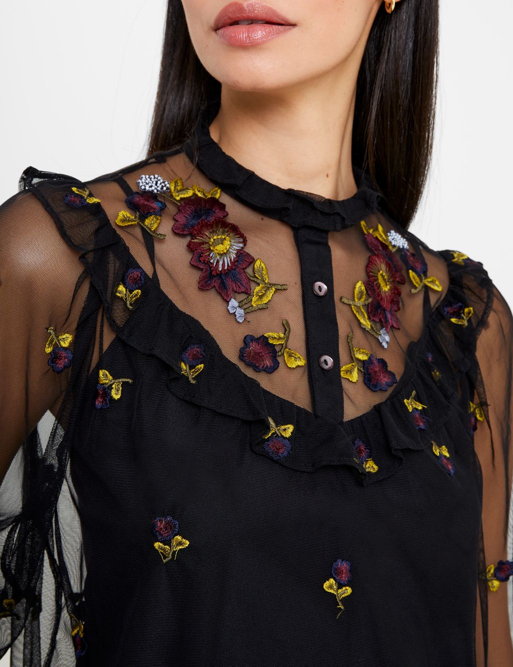 Embroidered Round Neck Frill Detail Blouse image 4