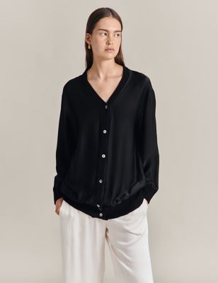 Ghost Womens V-Neck Button Front Relaxed Cardigan - M - Black, Black,Grey