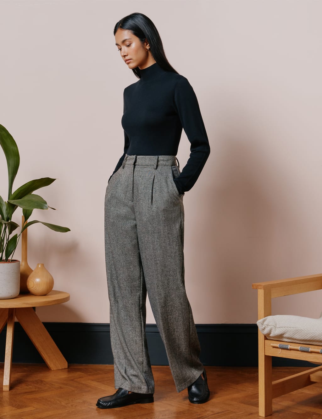 Wool Rich Textured Wide Leg Trousers image 1