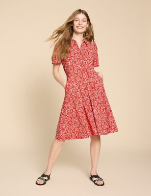White Stuff Women's Cotton Blend Jersey Floral Shirt Dress - 6 - Red Mix, Red Mix