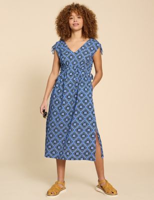 White Stuff Womens Jersey Printed Midi Relaxed Beach Dress - XS - Blue Mix, Blue Mix