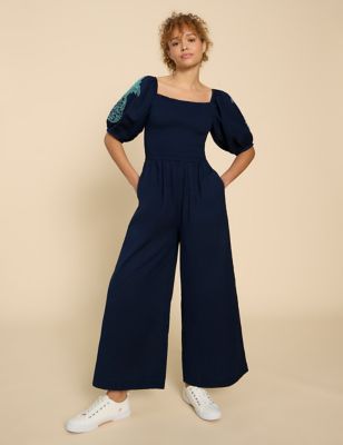 White Stuff Womens Cotton Rich Embroidered Jumpsuit with Linen - XS - Navy, Navy
