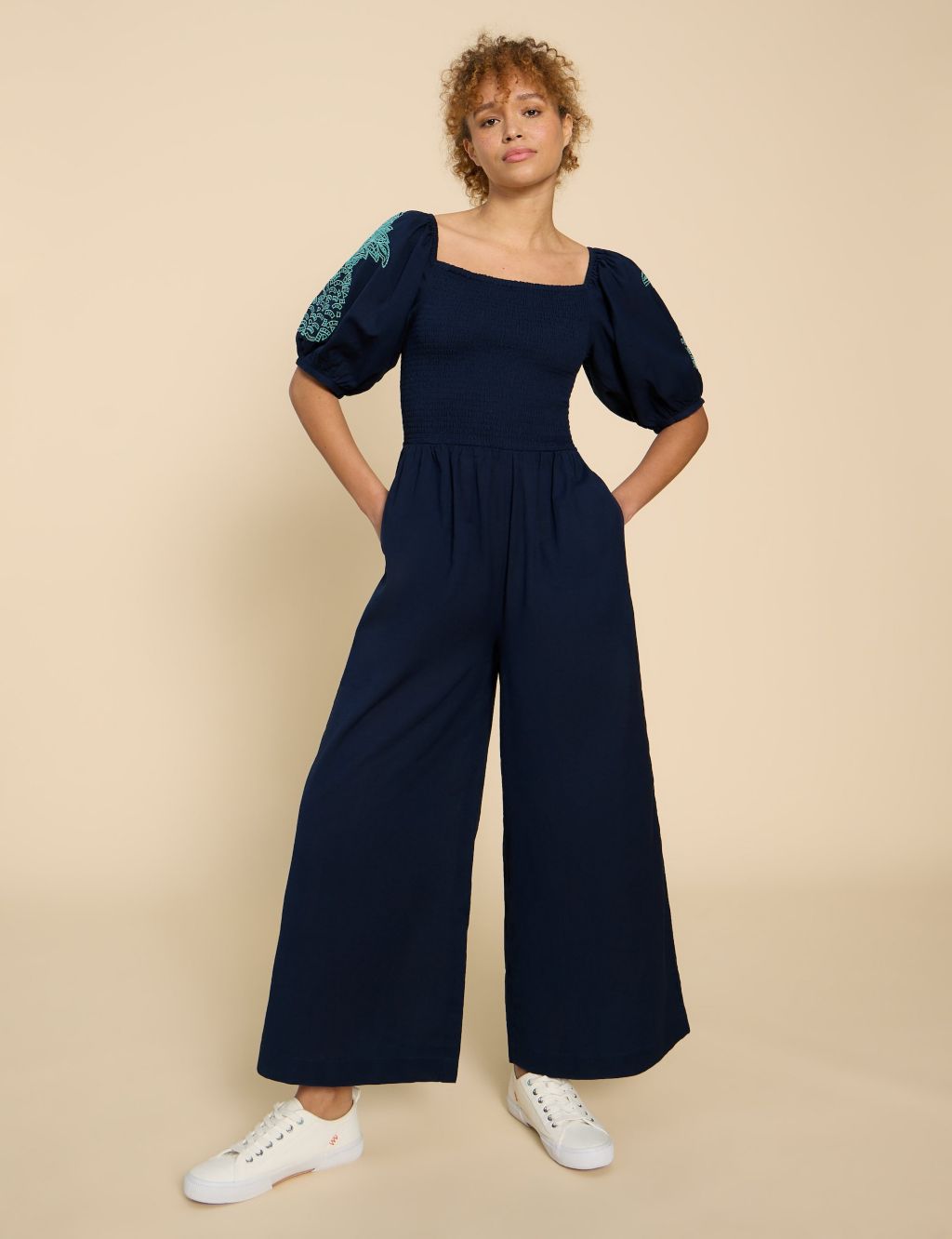 Cotton Rich Embroidered Jumpsuit with Linen