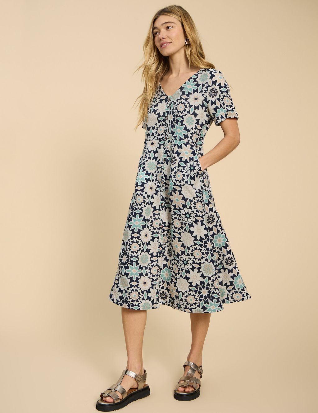 Pure Linen Floral V-Neck Midi Waisted Dress