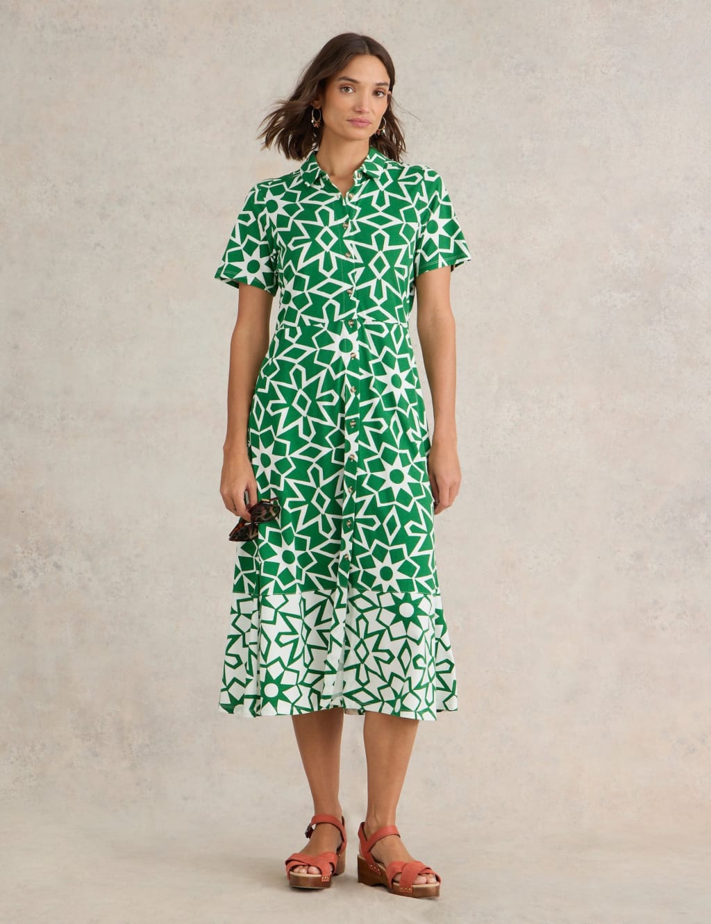 Cotton Blend Jersey Printed Midi Shirt Dress