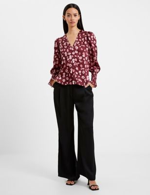 French Connection Womens Satin Floral V-Neck Button Through Blouse - 8 - Red Mix, Red Mix