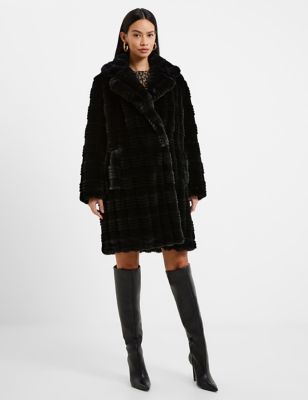 French Connection Womens Faux Fur Textured Collared Coat - M - Black, Black
