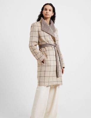 French Connection Women's Checked Longline Trench Coat with Wool - 6 - Tan, Tan