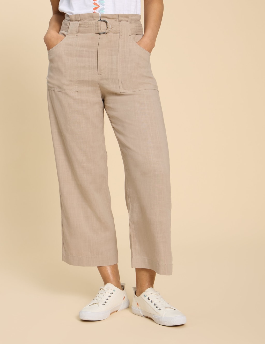 Linen Blend Wide Leg Ankle Grazer Trousers