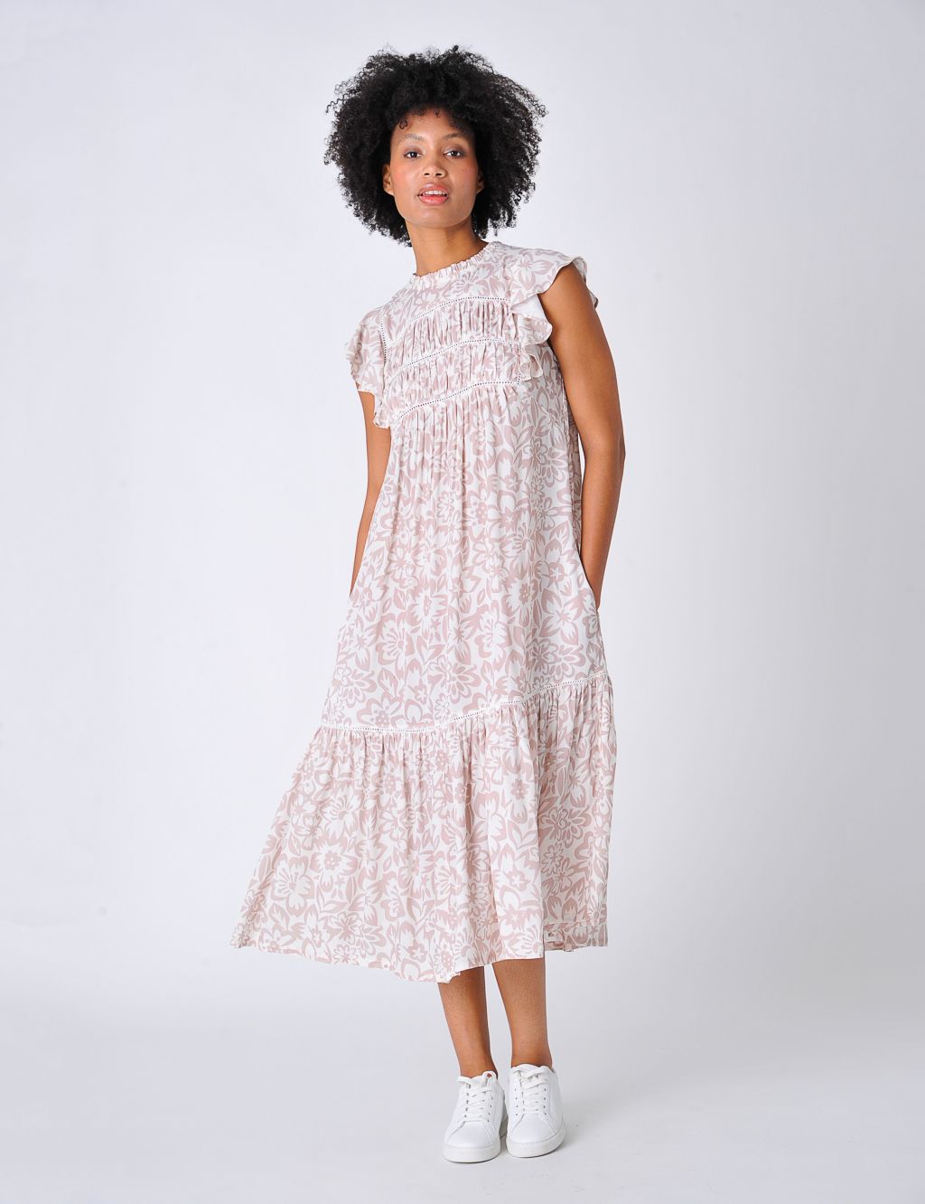 Floral Crew Neck Midi Relaxed Tiered Dress image 1
