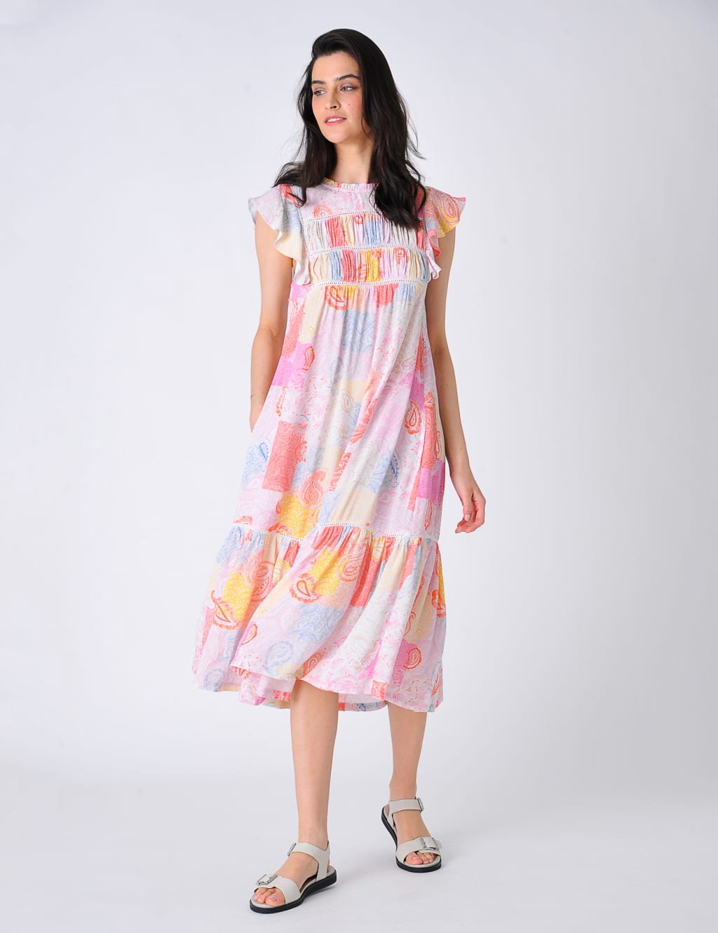 Paisley Shirred Midi Relaxed Tiered Dress image 1
