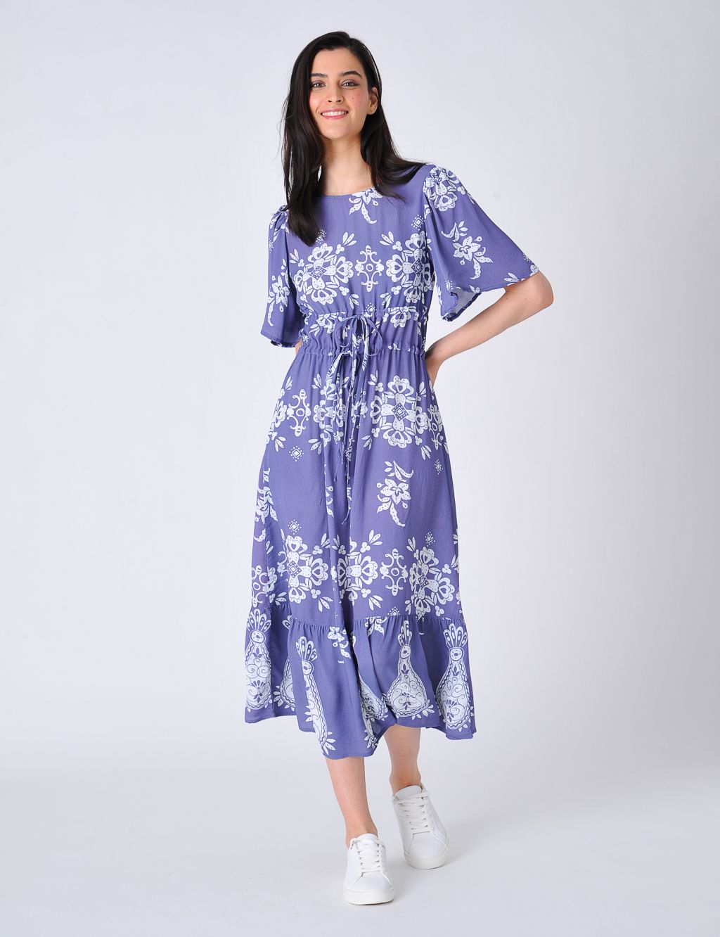 Printed Tie Waist Midi Relaxed Tiered Dress image 1