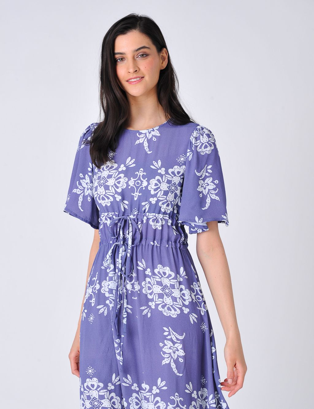 Printed Tie Waist Midi Relaxed Tiered Dress image 3