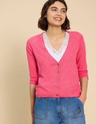 White Stuff Womens Pure Cotton V-Neck Button-Through Cardigan - 16 - Pink, Pink,Teal