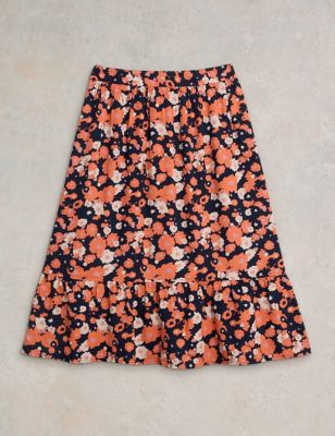 White Stuff Womens Reversible Floral Midi Tiered Skirt - 8 - Navy Mix, Navy Mix