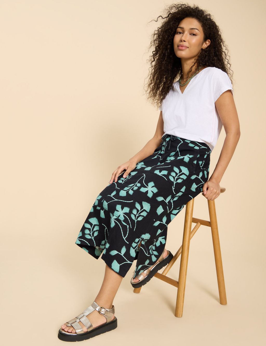 Linen Rich Printed Midi Slip Skirt
