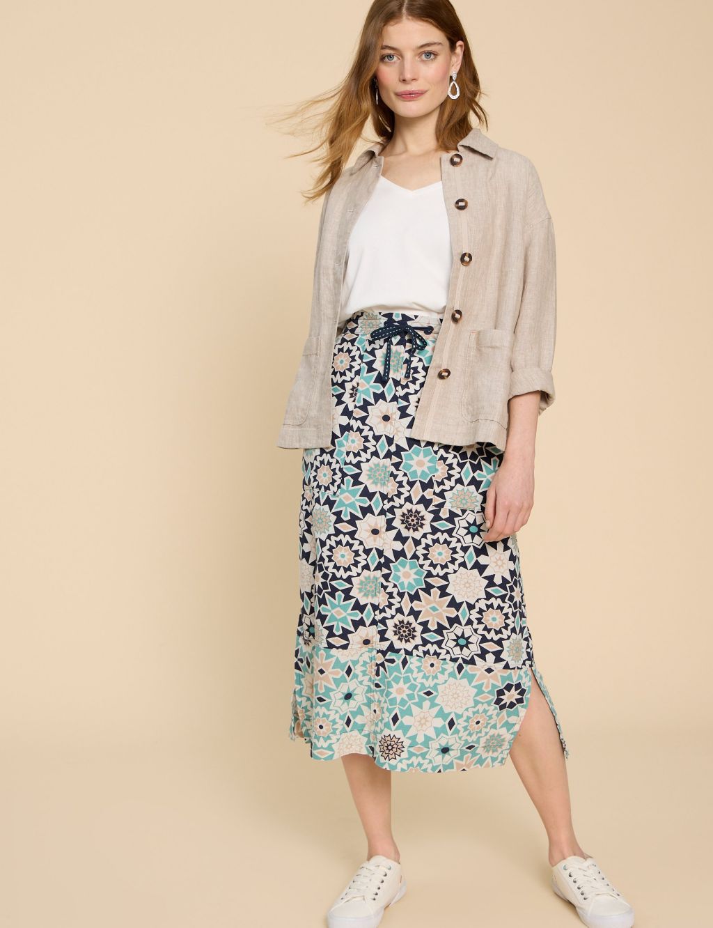 Linen Blend Floral Midi Skirt