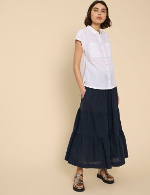 White Stuff Women's Pure Cotton Broderie Tiered Maxi Skirt - 6REG - Navy, Navy