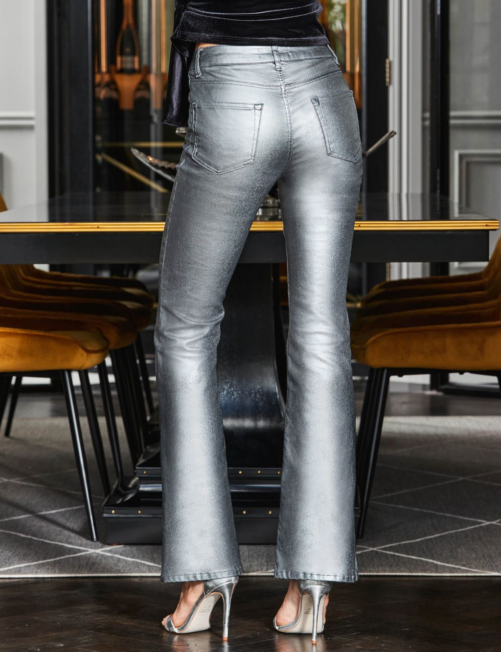 High Waisted Metallic Slim Fit Flared Jeans image 4
