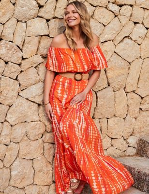 Sosandar Women's Printed Belted Maxi Tiered Dress - 6 - Orange Mix, Orange Mix