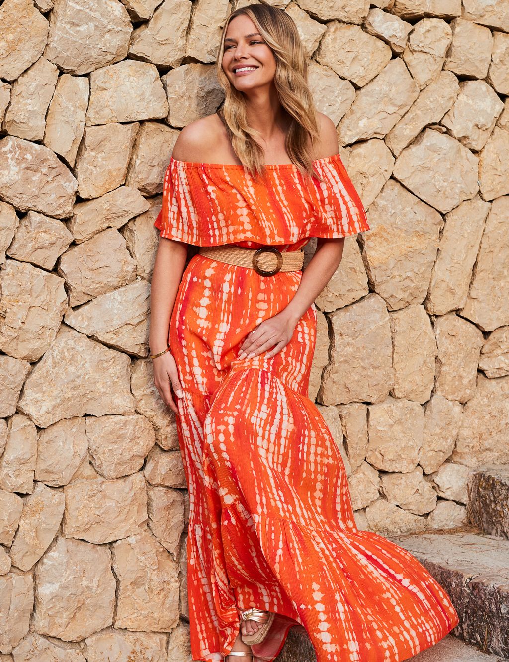Printed Belted Maxi Tiered Dress