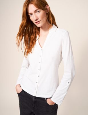 White Stuff Women's Pure Cotton Collared Shirt - 10, White,Navy