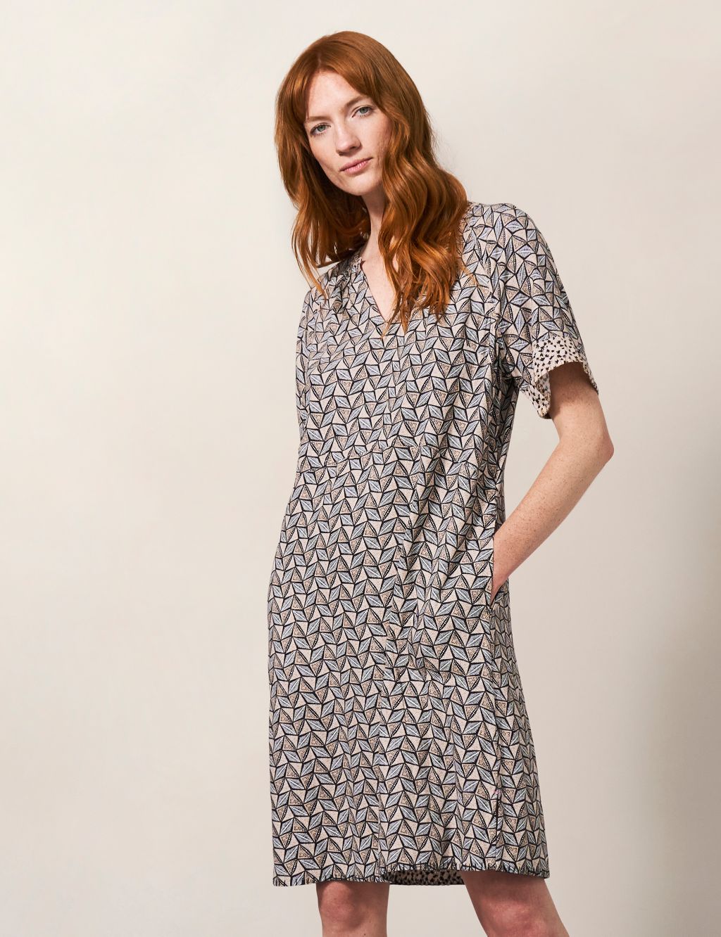 Linen Blend Printed Notch Neck Shift Dress image 1