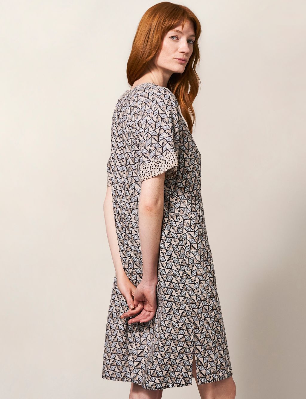 Linen Blend Printed Notch Neck Shift Dress image 4