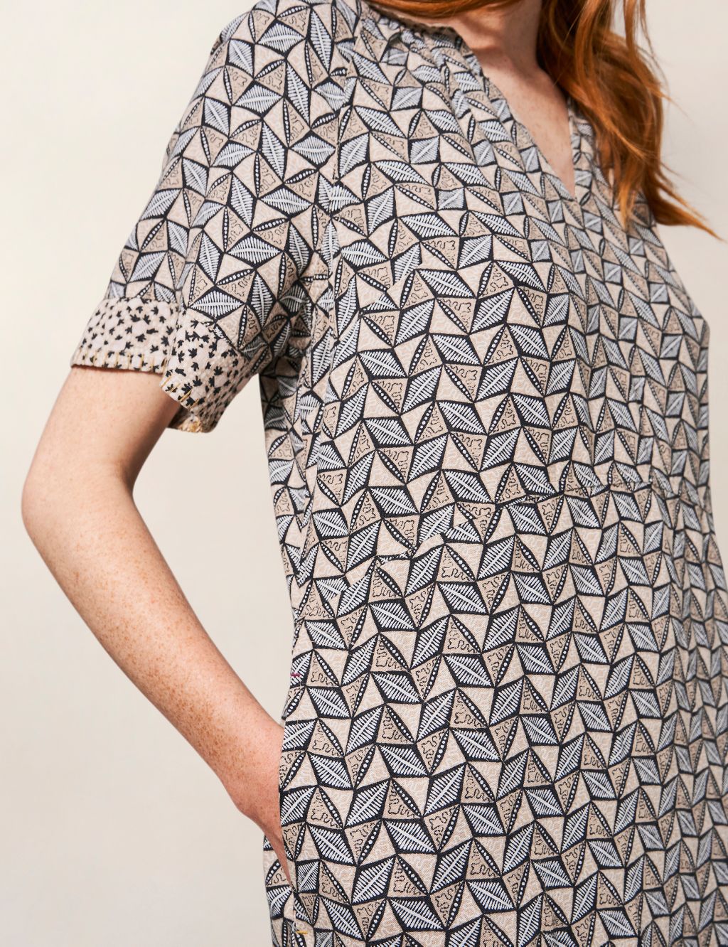 Linen Blend Printed Notch Neck Shift Dress image 5