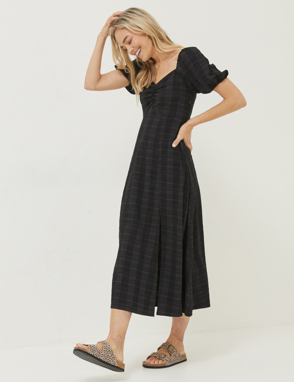Checked V-Neck Midi Smock Dress image 1