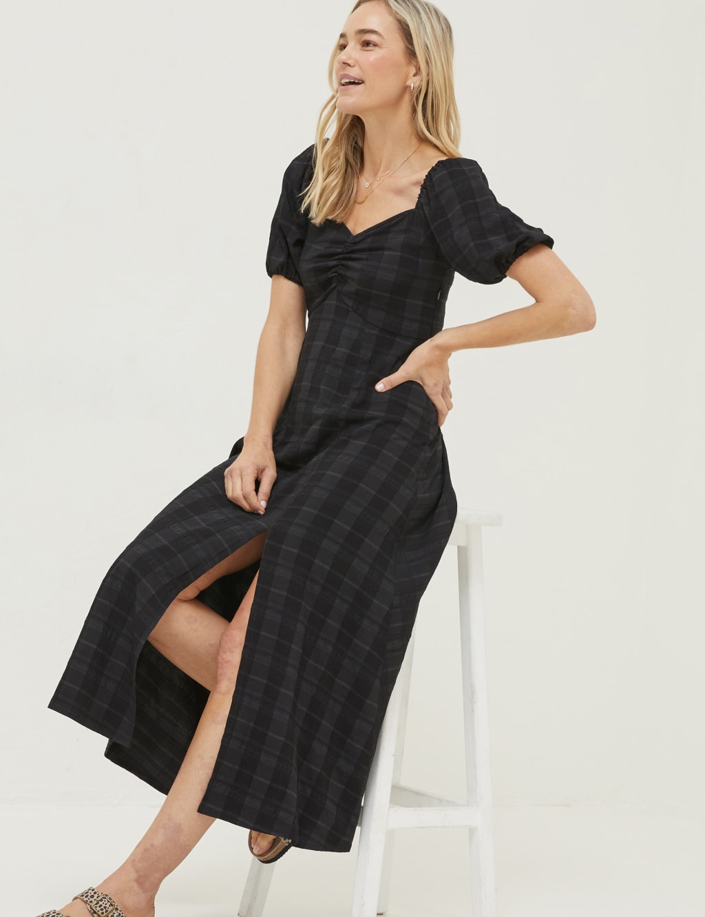 Checked V-Neck Midi Smock Dress image 2