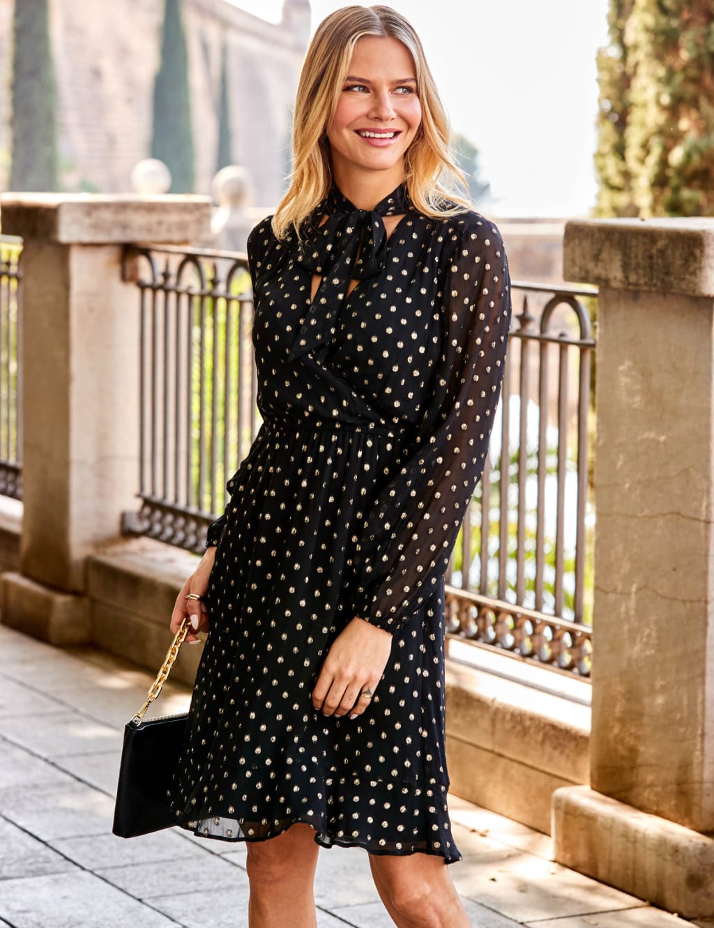 Metallic Spot Tie Neck Skater Dress image 3