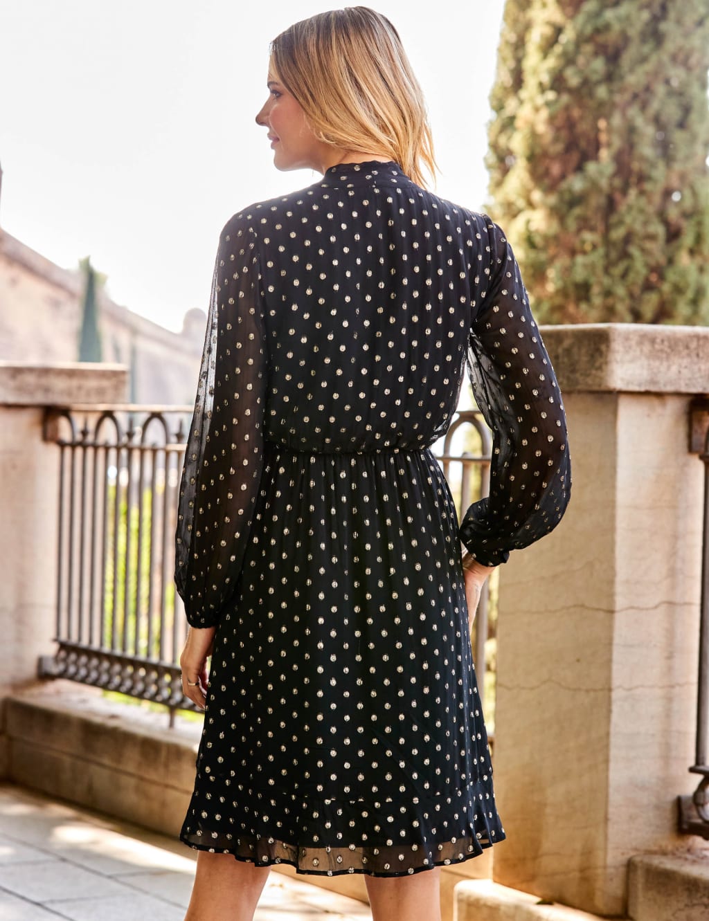 Metallic Spot Tie Neck Skater Dress image 4