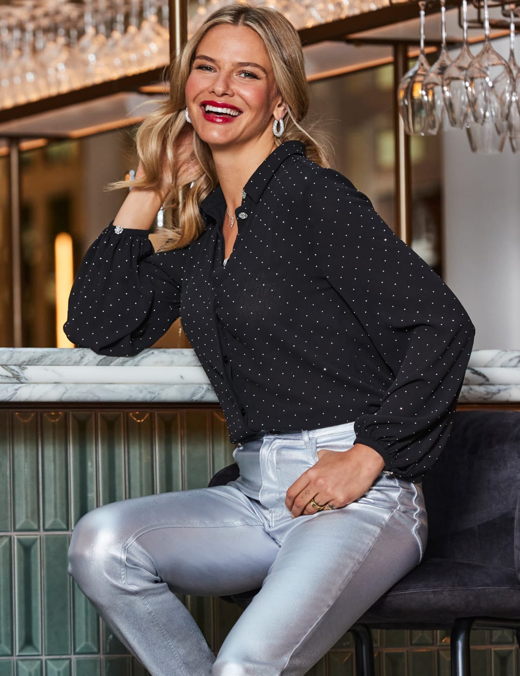 Sheer Sparkly Polka Dot Button Detail Shirt image 1