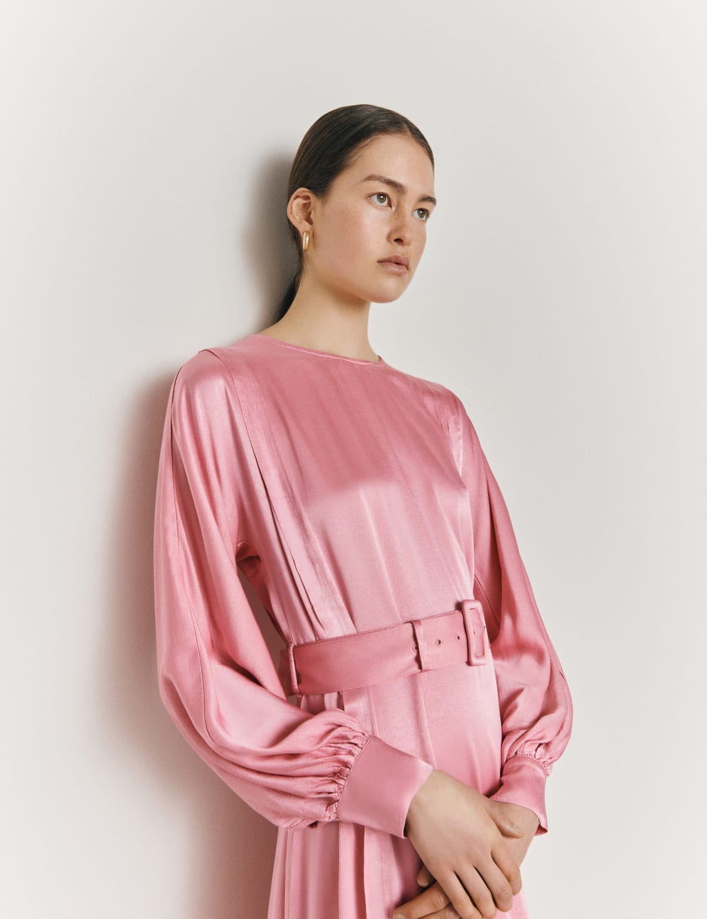 Satin Round Neck Belted Midi Waisted Dress image 2