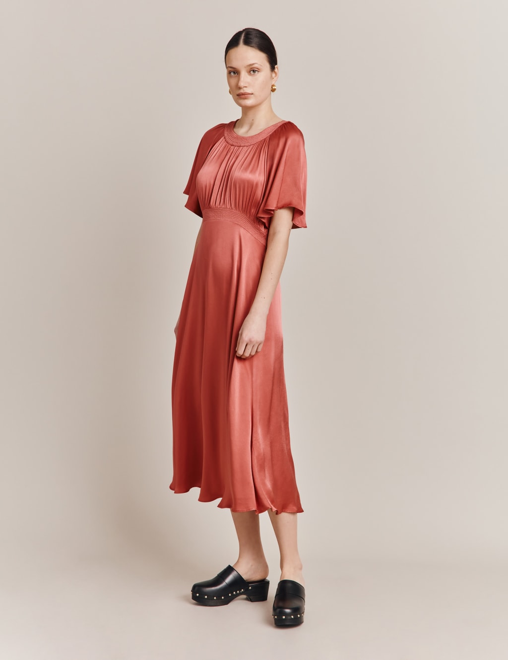 Satin Round Neck Midi Waisted Dress image 1