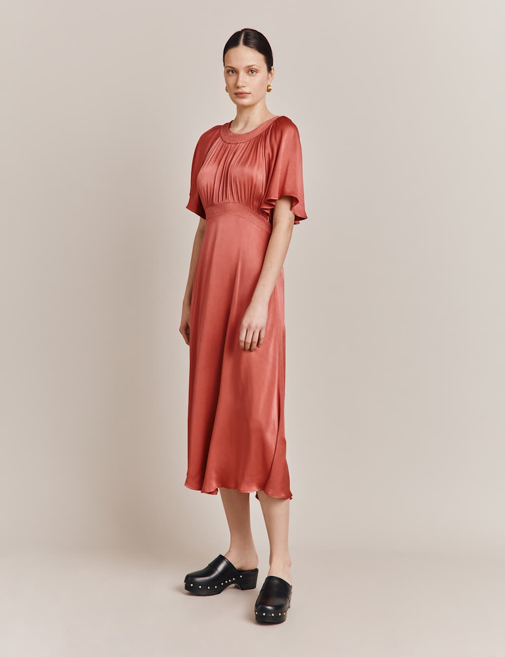 Satin Round Neck Midi Waisted Dress image 4