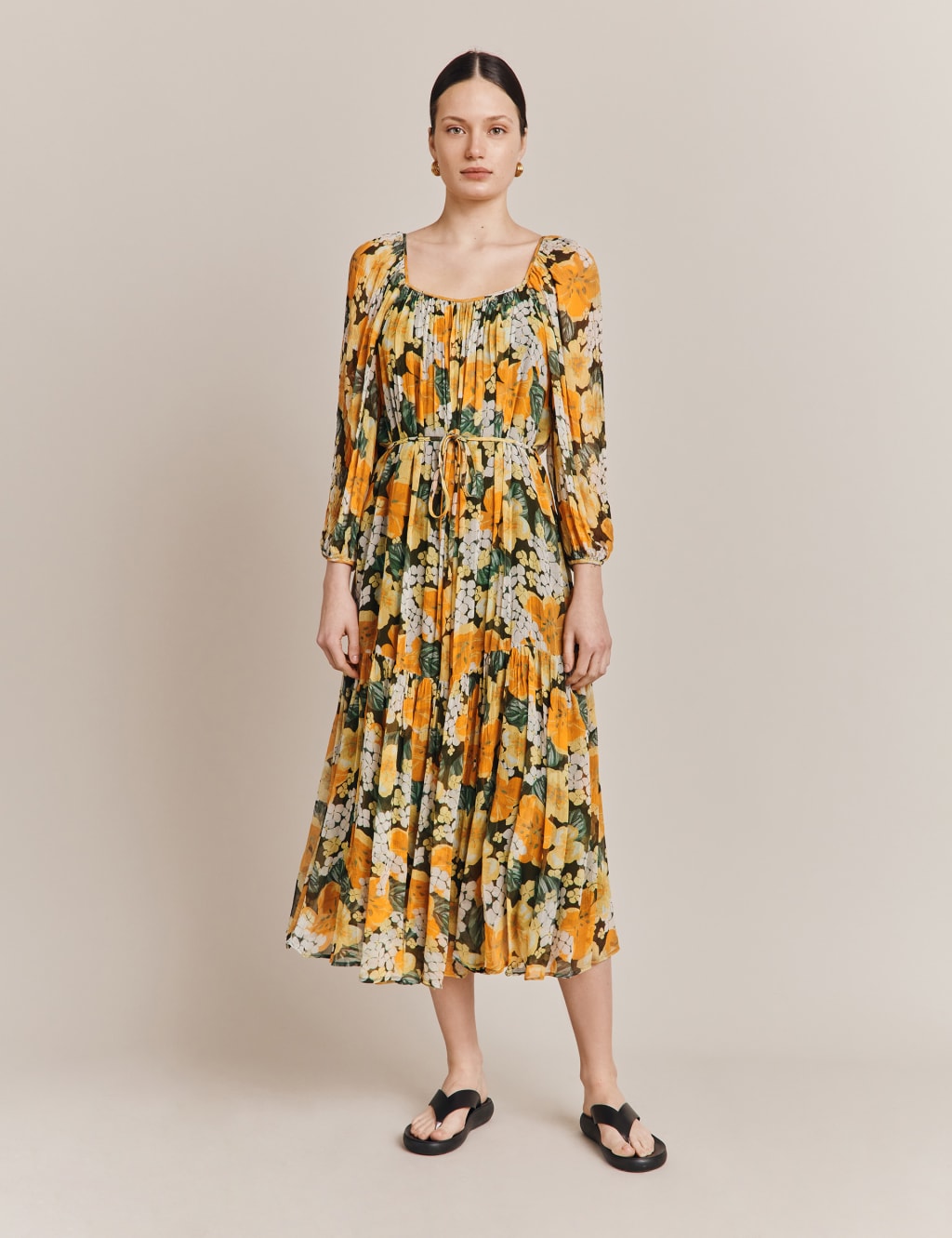 Floral Square Neck Midi Waisted Dress image 3