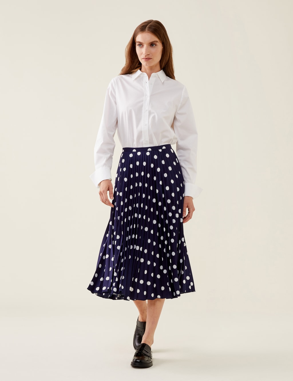 Crepe Polka Dot Pleated Midi Skater Skirt image 1