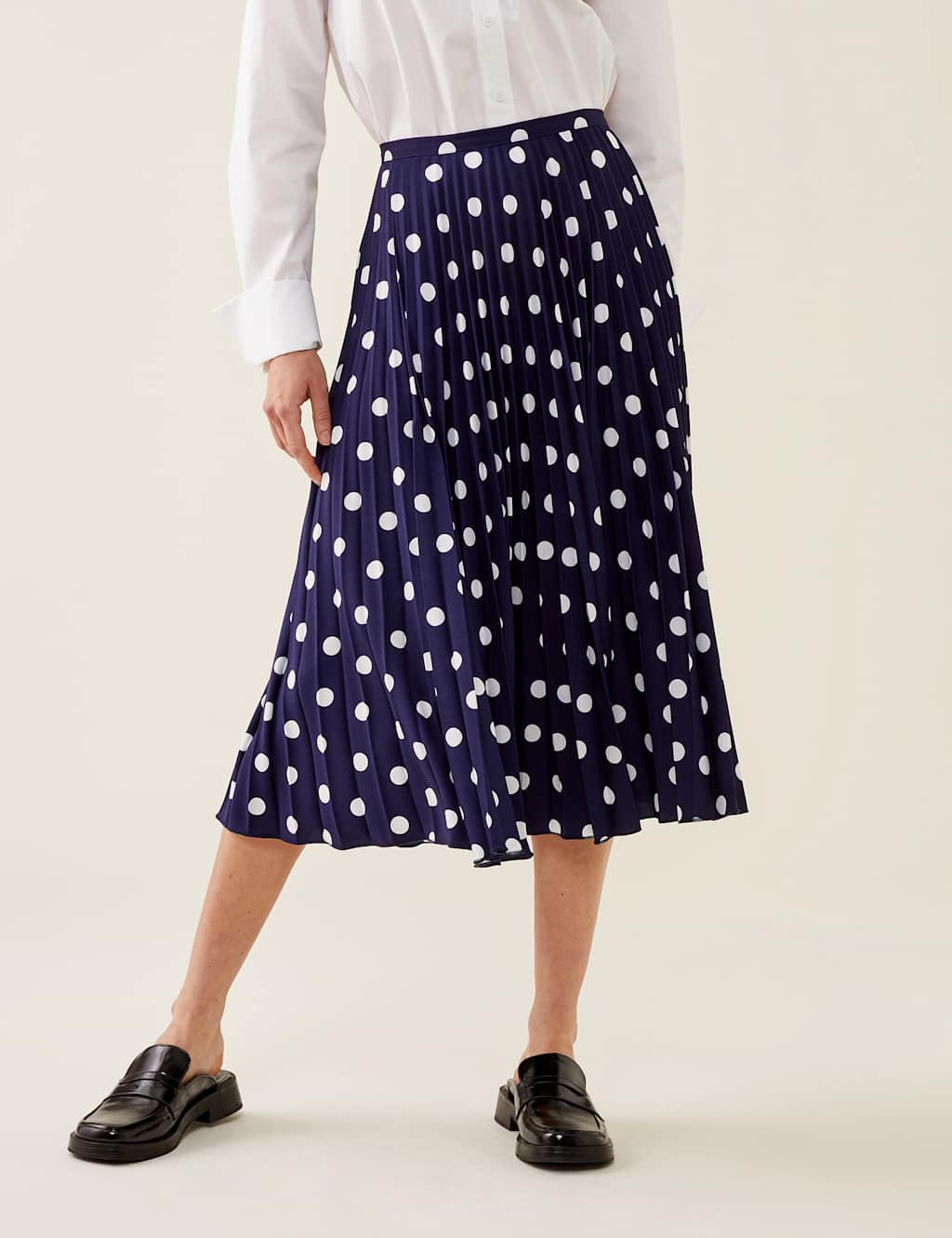 Crepe Polka Dot Pleated Midi Skater Skirt image 3